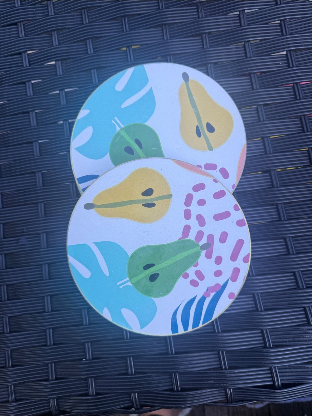 Round Trivet with Pear & Leaf Print in Teal, Green, Yellow